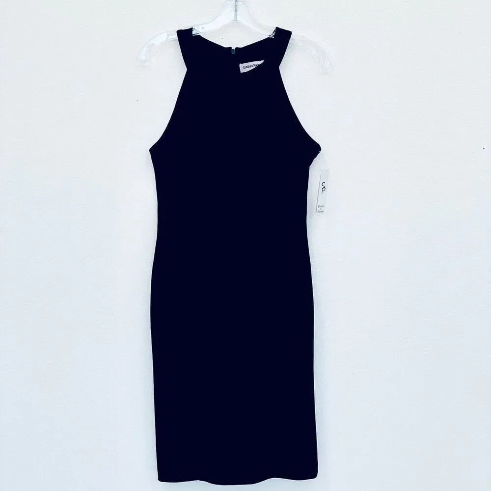 NWT Shelby & Palmer Black 6 Black Ruffled Halter Sleeveless Stretch Midi Dress